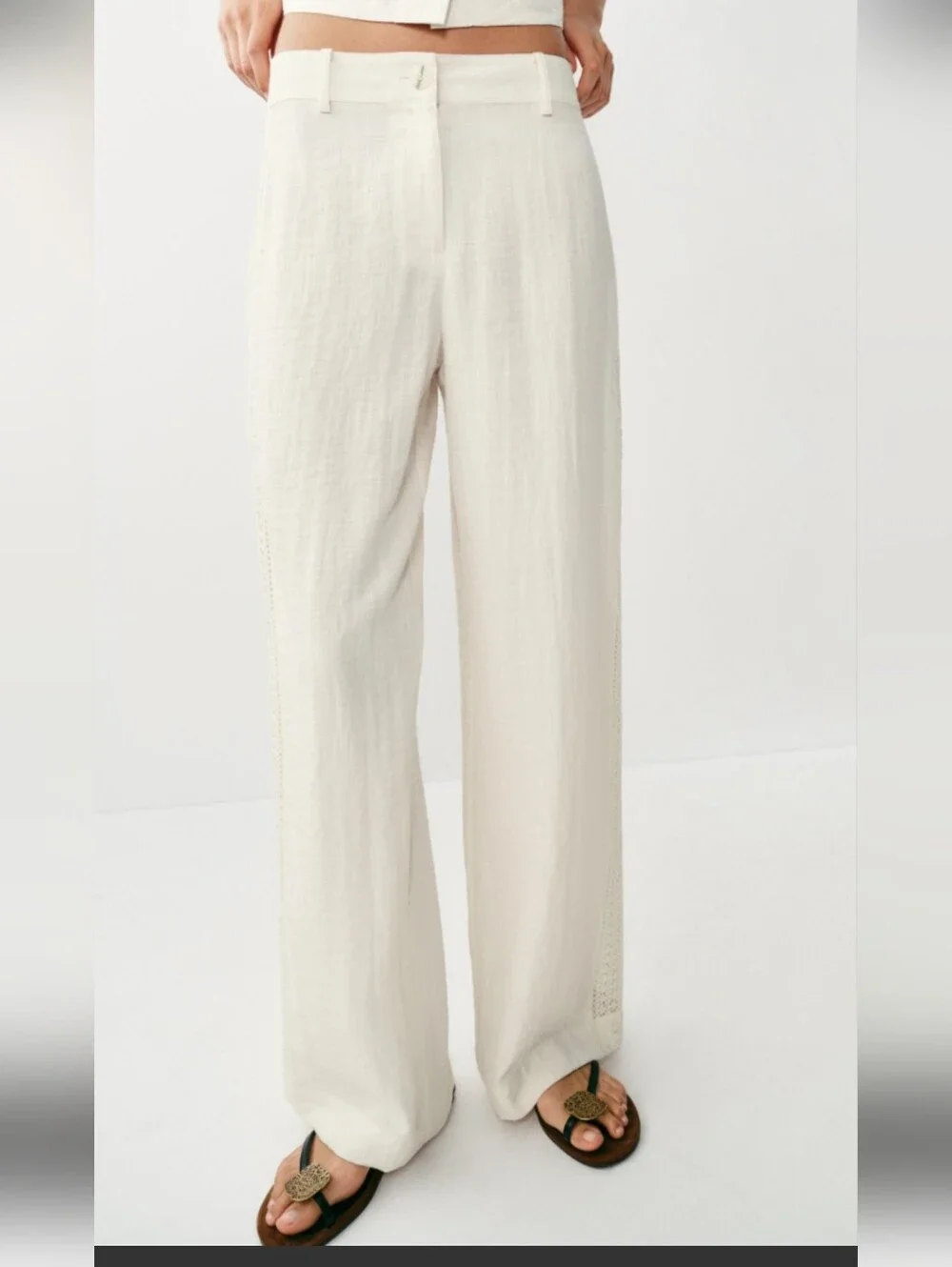 Zara Ivory Linen Blend High Rise Wide Leg Trousers Size Small